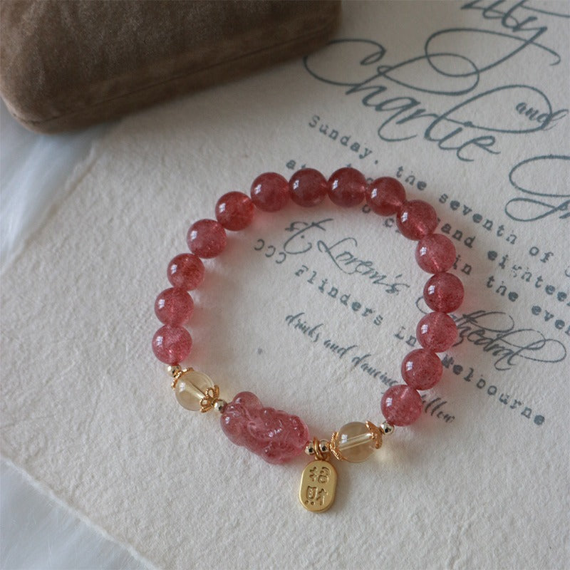 Strawberry Quartz Peach Blossom PiXiu Bracelet – pink PiXiu charm with gold tag on vintage paper, luck jewelry