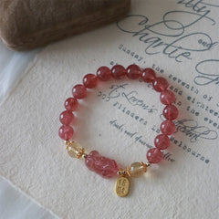 Strawberry Quartz Peach Blossom PiXiu Bracelet – pink PiXiu charm with gold tag on vintage paper, luck jewelry