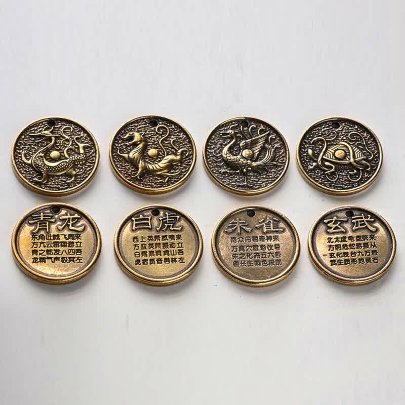 Four Symbols Constellation Key Chain - Complete set of eight brass medallions in grid layout, Fortune