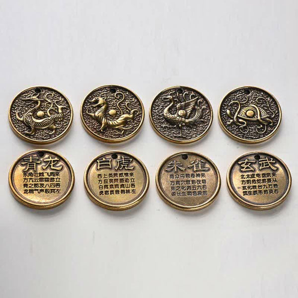Four Symbols Constellation Key Chain - Complete set of eight brass medallions in grid layout, Fortune