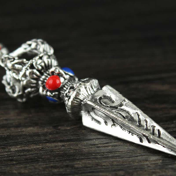 Tibetan Vajra Dorje Car Hanging – Ornate phurba ritual dagger with red and blue stone inlays, Tibetan pendant