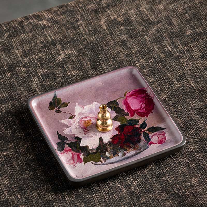 Rose Garden Incense Plate – Pink and white roses on lavender ceramic dish with brass incense holder