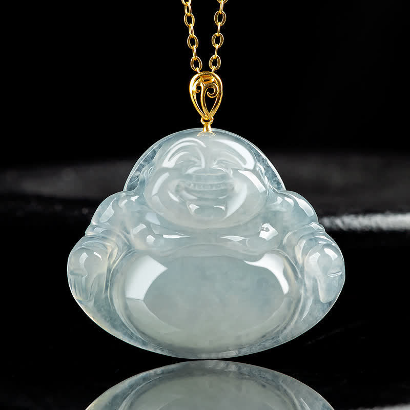 Laughing Buddha Jade Pendant Necklace – Natural green jadeite Budai charm on steel chain, men jewelry