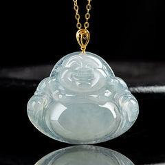 Laughing Buddha Jade Pendant Necklace – Natural green jadeite Budai charm on steel chain, men jewelry