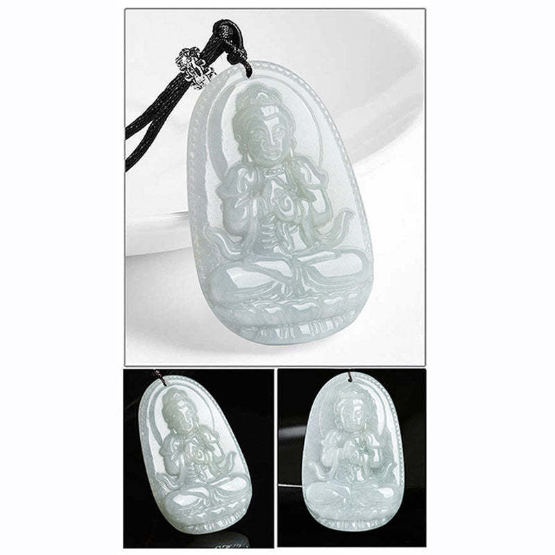 Zodiac Buddha Jade Necklace – three views of guardian pendant, white and black background, zodiac protection jewelry