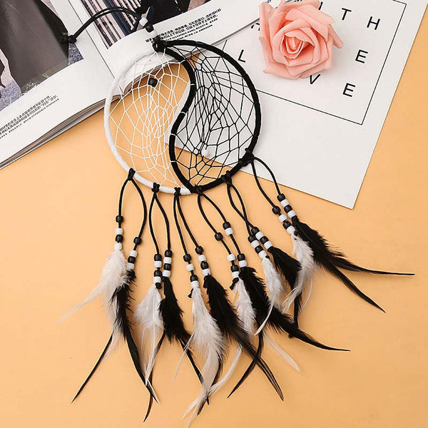 Yin Yang Dream Catcher with Feathers – Flat-lay with rose and book props styled, home decor