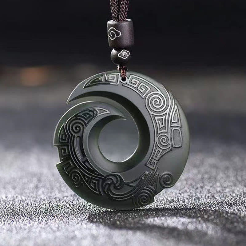 Hetian Cyan Jade Peace Buckle Luck Necklace – Dark green nephrite jade bi disc pendant with intricate relief carvings and spiral negative space, on adjustable black cord