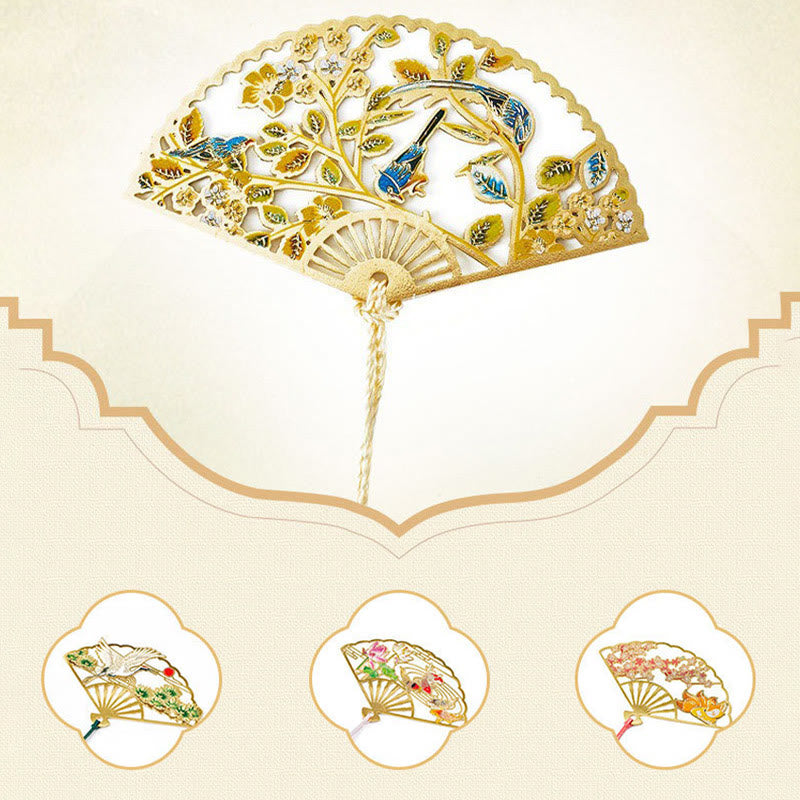 Brass Hollow Fan Bookmark - Blue birds on flowering branches with gold tassel, lovely