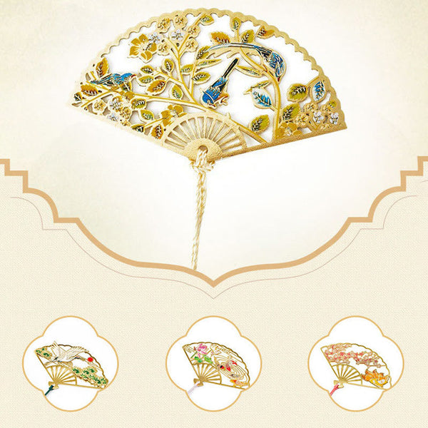 Brass Hollow Fan Bookmark - Blue birds on flowering branches with gold tassel, lovely