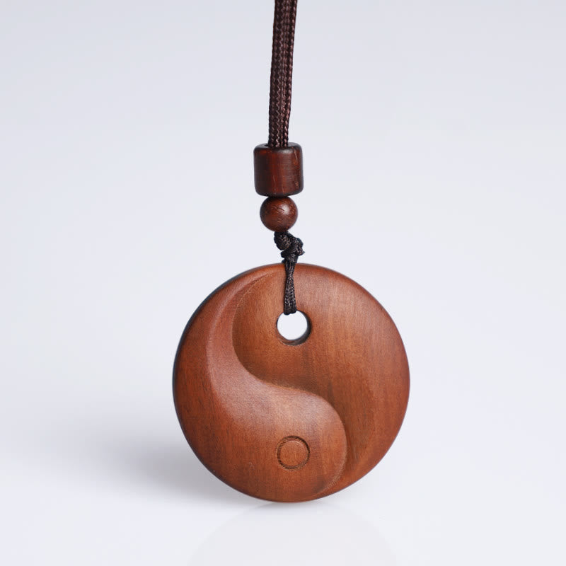 Lightning Struck Jujube Wood Yin Yang Luck Protection Necklace Pendant - Wood yin-yang carved pendant on white, meditation ne