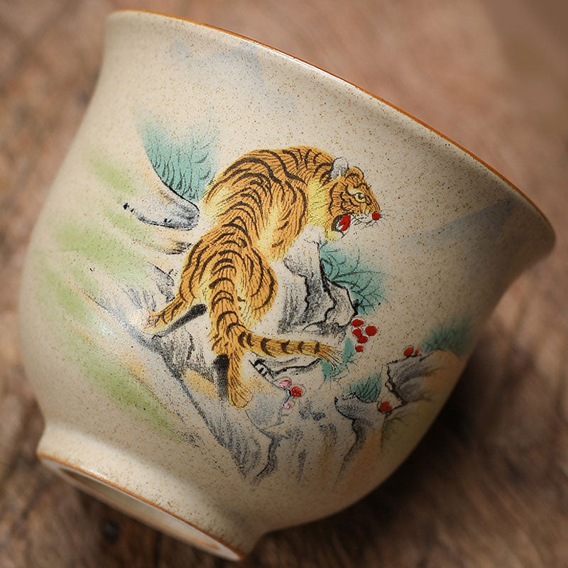 Chinese Zodiac Ceramic Teacup - tiger prowling on rocks tea cup, traditional ink-wash painting