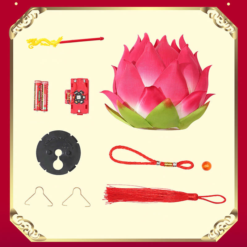 DIY Lotus Dragon Lantern Tassel Lamp – Exploded view of lotus lantern with battery pack tassel and hooks, DIY assembly