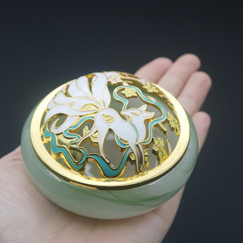Green Nine-Tailed Fox Liuli Burner - Held in hand showing jade base and fox lid, crystal incense holder