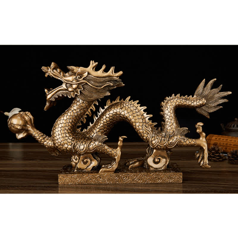 Bronze Dragon Statue - low angle black scroll props, serpentine pose, majestic