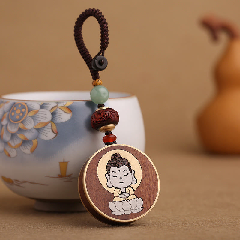 Ebony Avalokitesvara Keychain – beside matching wooden mala bracelet, coordinated Buddhist accessory set