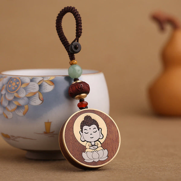 Ebony Avalokitesvara Keychain – beside matching wooden mala bracelet, coordinated Buddhist accessory set