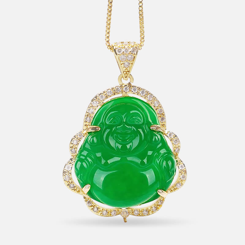 Jade Laughing Buddha Luck Necklace – green jade Buddha pendant in gold diamond halo with gold chain, front-view, wealth