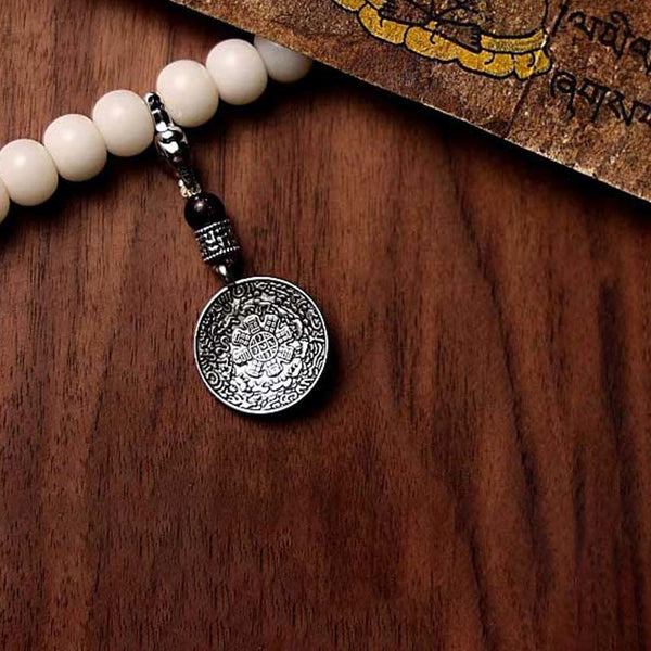 108 Mala Beads Bracelet – Silver engraved pendant, eight auspicious symbols