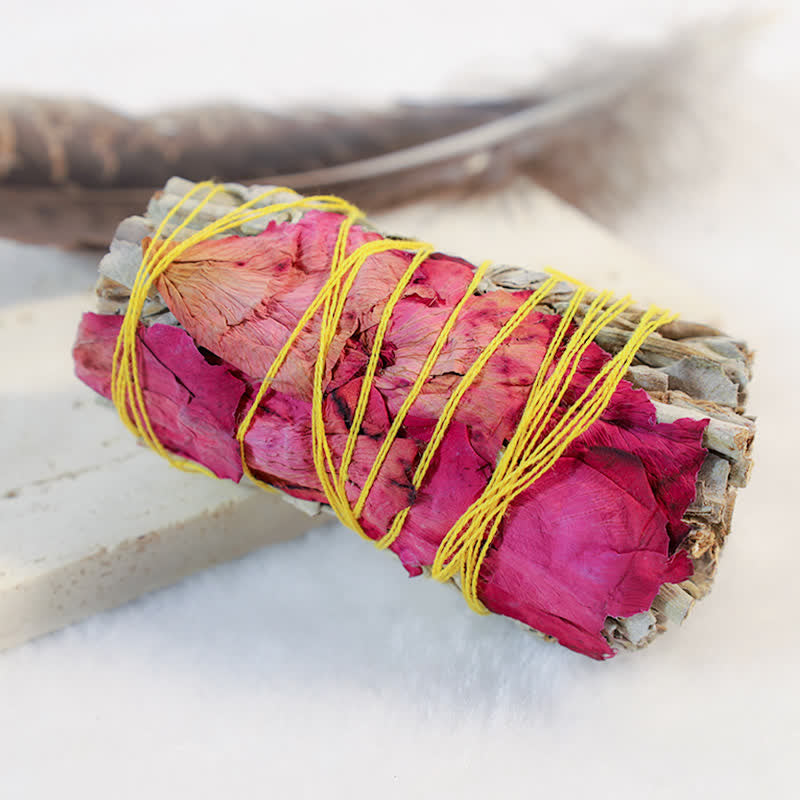 Smudge Stick Set with Abalone Shell - Pink rose stick with feather in soft background, cleansing