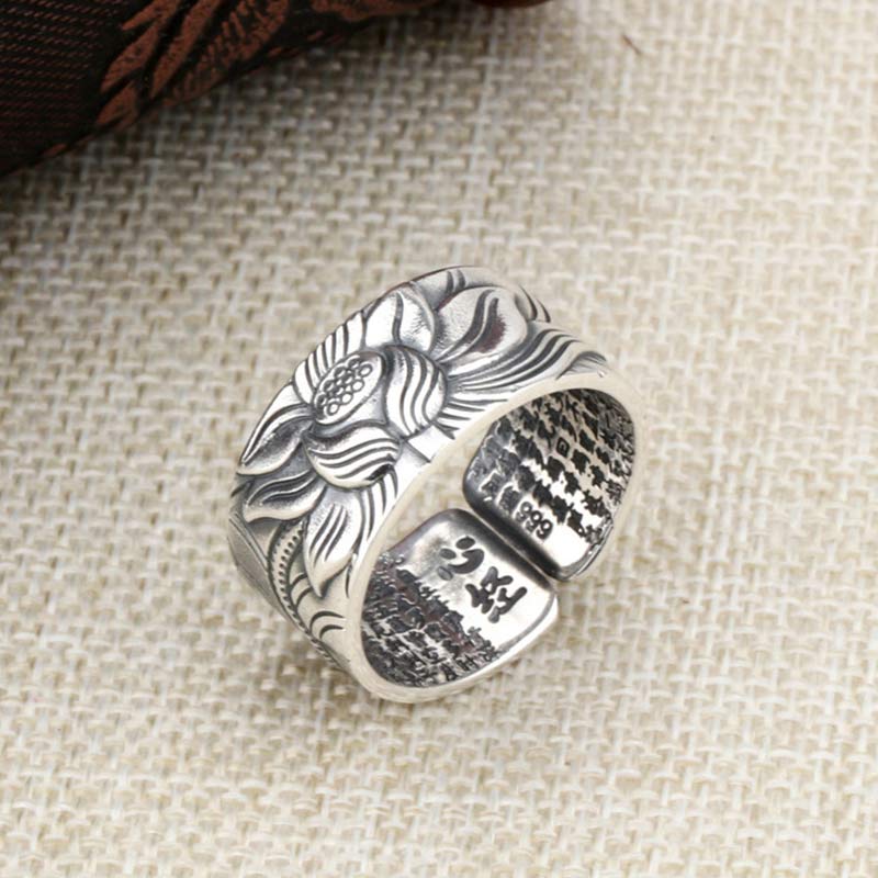 999 Silver Lotus Ring – S999 stamp and sutra engraving inside, beige woven fabric