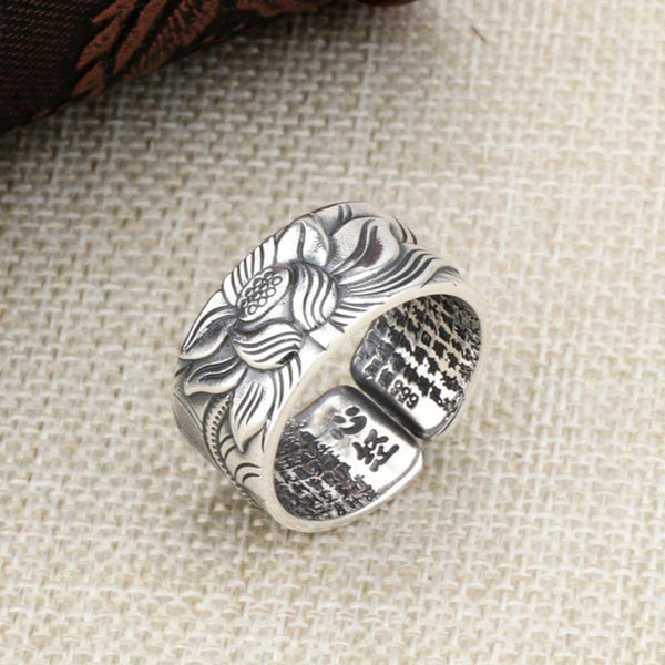 999 Silver Lotus Ring – S999 stamp and sutra engraving inside, beige woven fabric