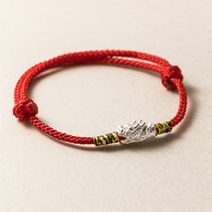 Sterling Silver Dragon Red Rope Bracelet - silver dragon head charm on red cord with five-color wrapping, Protection