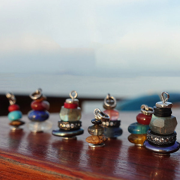 Zen Cairn Crystal Pendant – seven colorful stacked charms with crystal inlays on wood, lifestyle jewelry