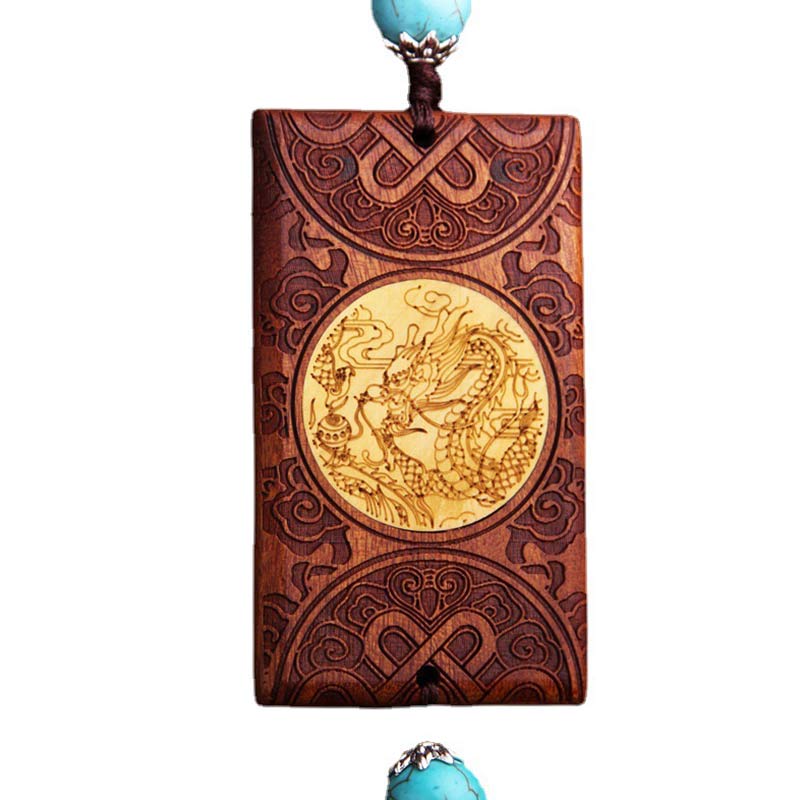 Rosewood Dragon Decoration – front-facing view on white background with gold dragon center, Luck