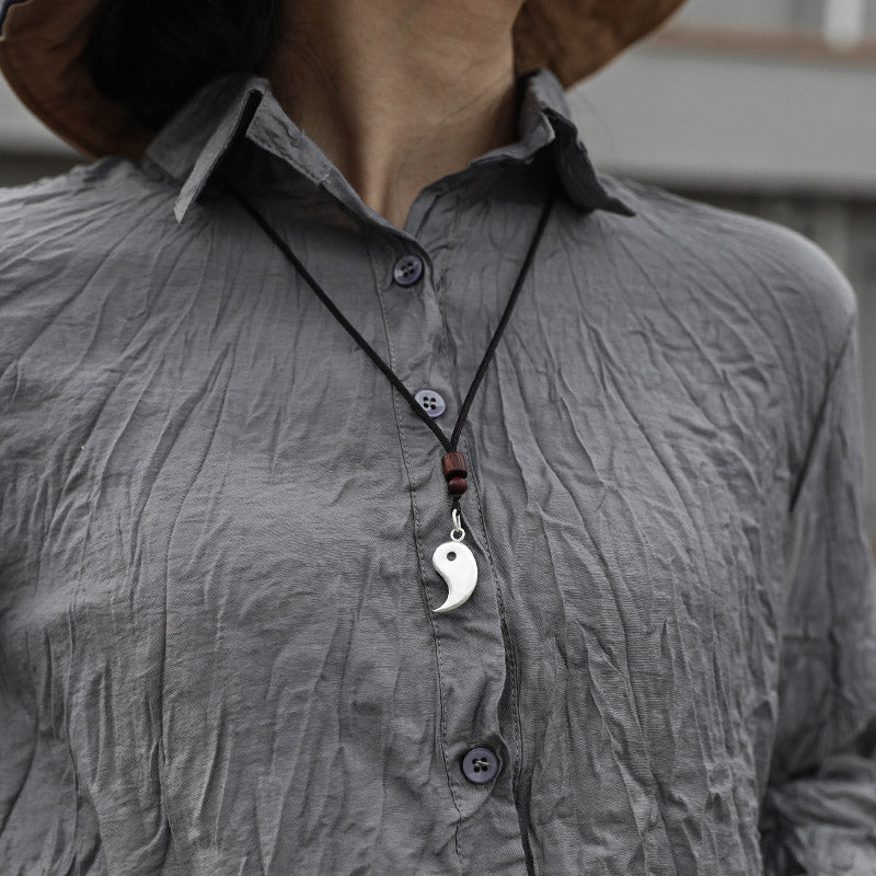 Sterling Silver Yin Yang Pendant - Smooth silver teardrop pendant on black cord with wooden beads, men yin yang necklace