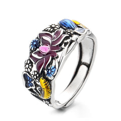 Koi Fish Lotus Ring – top view, lotus flower and leaf design, adjustable band, luck wealth ring