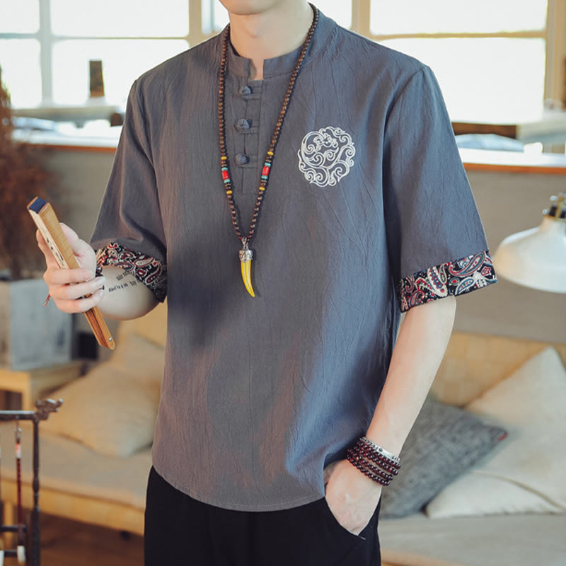 Dragon Embroidery Frog-Button Linen Tang Suit Shirt - Three-quarter sleeve gray with cloud motif, heritage