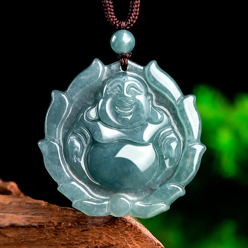 Natural Jade Laughing Buddha Lotus Luck Necklace Pendant – front view showing Buddha pendant detail, luck jewelry