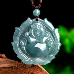 Natural Jade Laughing Buddha Lotus Luck Necklace Pendant – front view showing Buddha pendant detail, luck jewelry