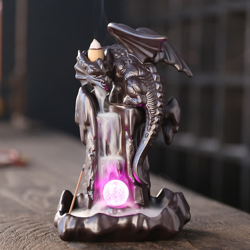 Nordic Dragon Backflow Incense Burner with LED glow and smoke waterfall, dark ceramic dragon sculpture
