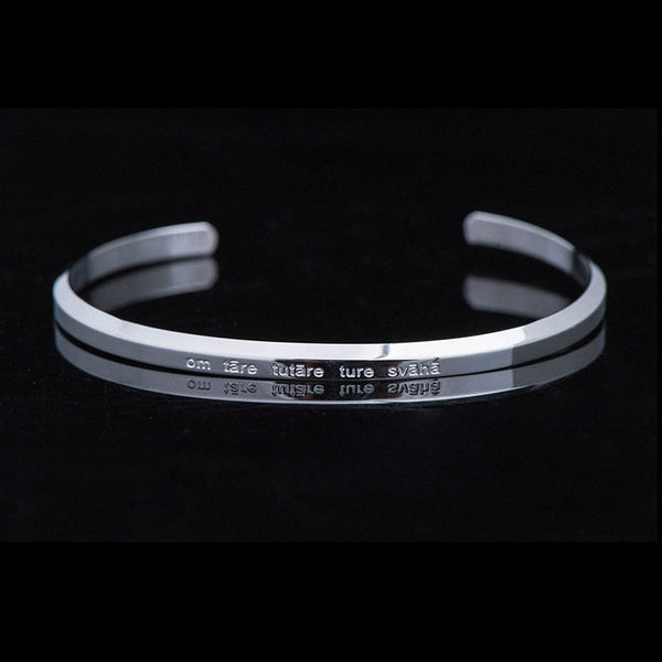 Om Mani Padme Hum Engraved Bracelet – silver cuff with Green Tara mantra in clean font, Zen jewelry