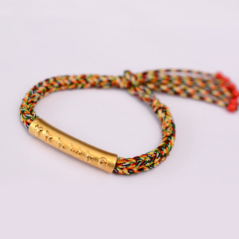 Om Mani Padme Hum Red String Bracelet – Multi-color cord with gold mantra cylinder, handcrafted