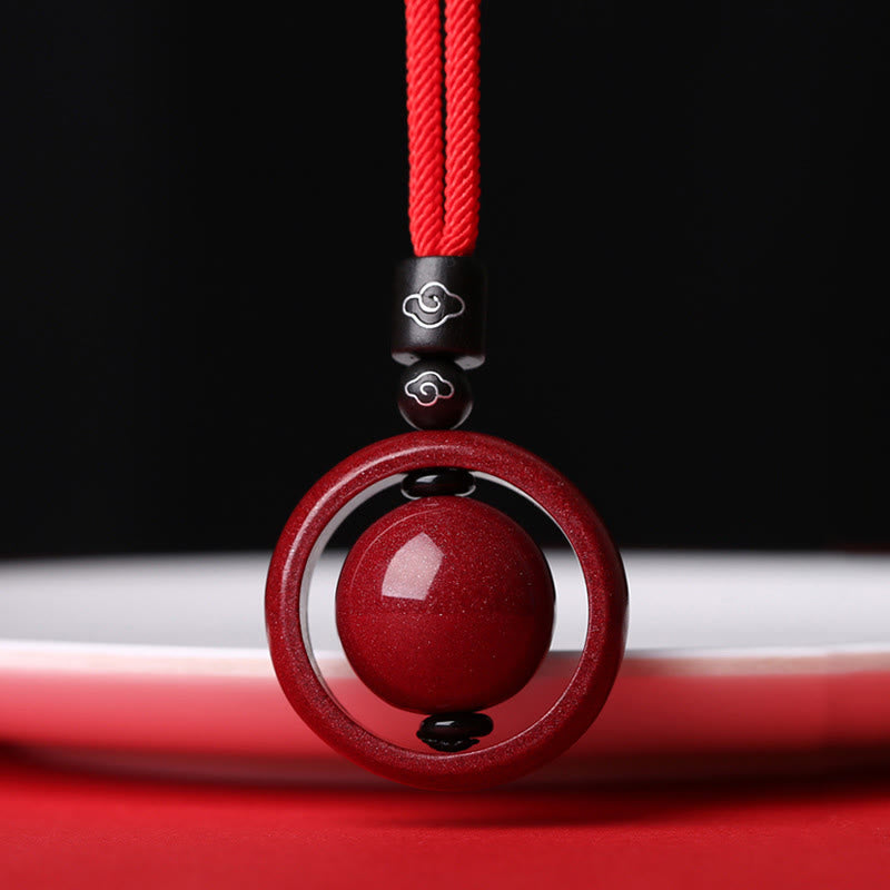 Cinnabar PiXiu Necklace – Red cord with black cloud-pattern wood beads by white plate, unique design necklace