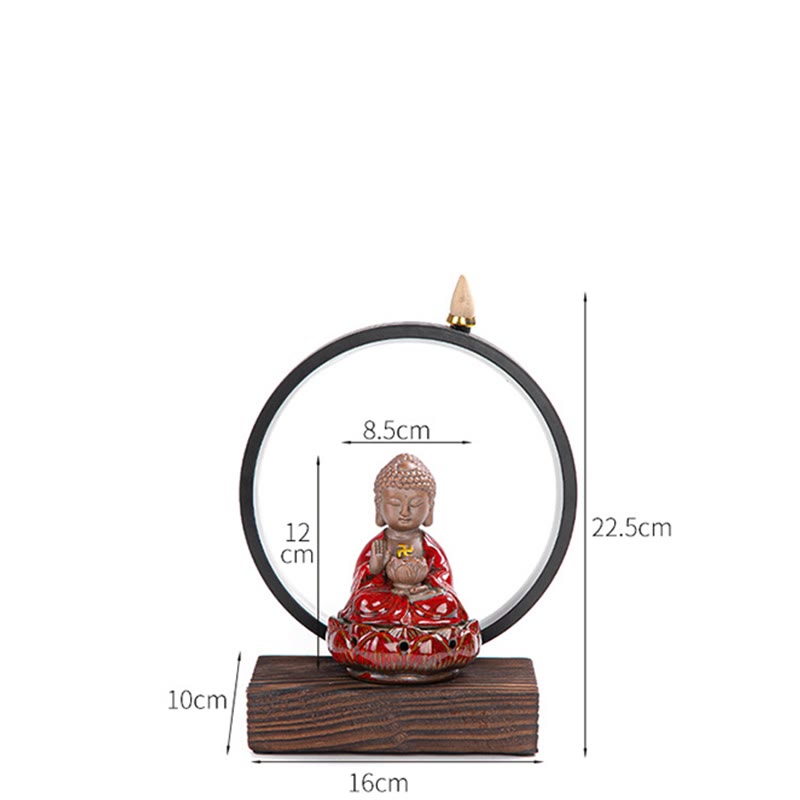 Buddha Lotus incense burner white background with dimension annotations, 22.5cm height, product specifications