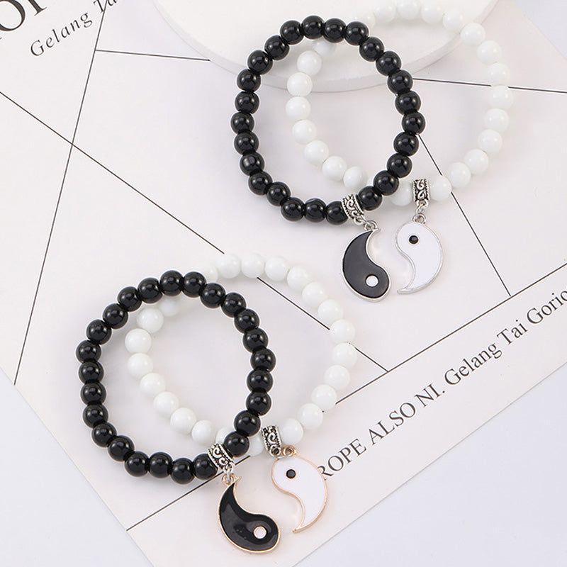 Yin Yang Protection Couple Bracelet - Black and white stone bead bracelets with silver and gold yin-yang charms, handmade ...