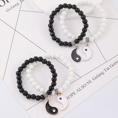Yin Yang Protection Couple Bracelet - Black and white stone bead bracelets with silver and gold yin-yang charms, handmade ...