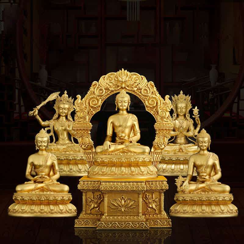 Shakyamuni Amitabha Medicine Buddha Copper Statue Decor – front view triad set, Buddhist trinity copper art