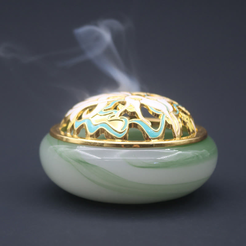 Green Nine-Tailed Fox Liuli Burner - Jade marbled base with gold lid and flowing smoke, crystal censer