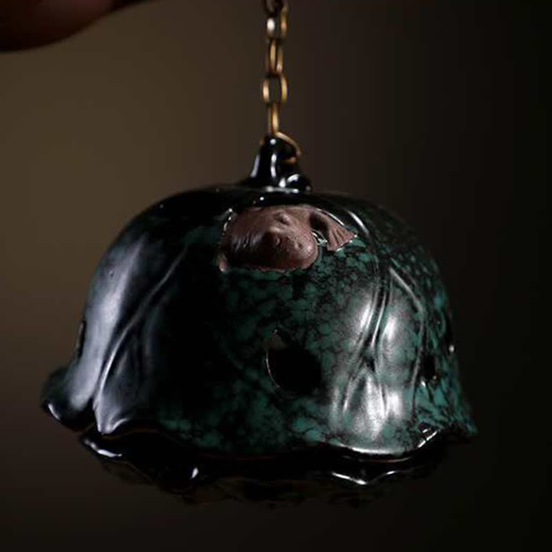Tibetan Lotus Ceramic Incense Burner – black lotus leaf censer with frog detail and verdigris glaze, Artisanal