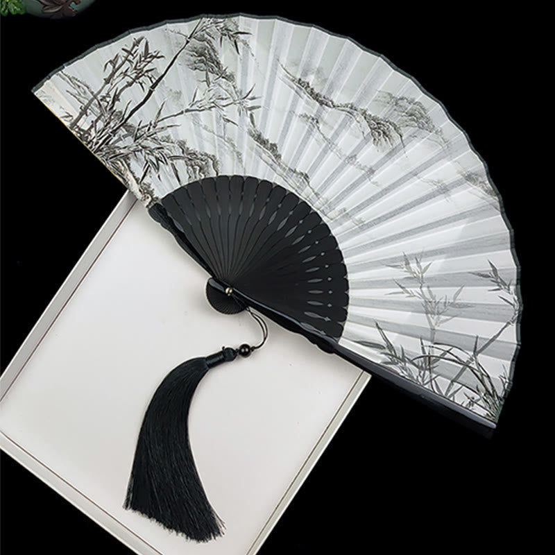 Vintage Silk Folding Fan - Black bamboo ribs with ink wash bamboo art and silk tassel, vintage fan