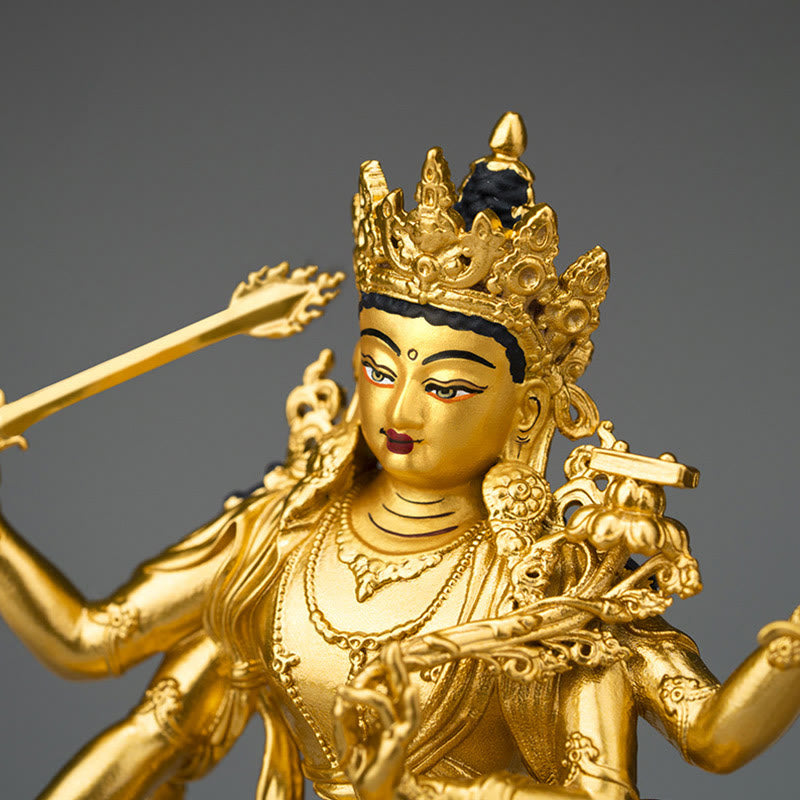 Four-Armed Manjusri Bodhisattva Gold Copper Statue Home Decor – upper hands sword scripture, wisdom symbol