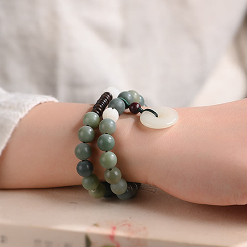 Cyan Bodhi Seed Jade Peace Buckle Bracelet - double-loop jade bead bracelet worn, elegant wrist shot