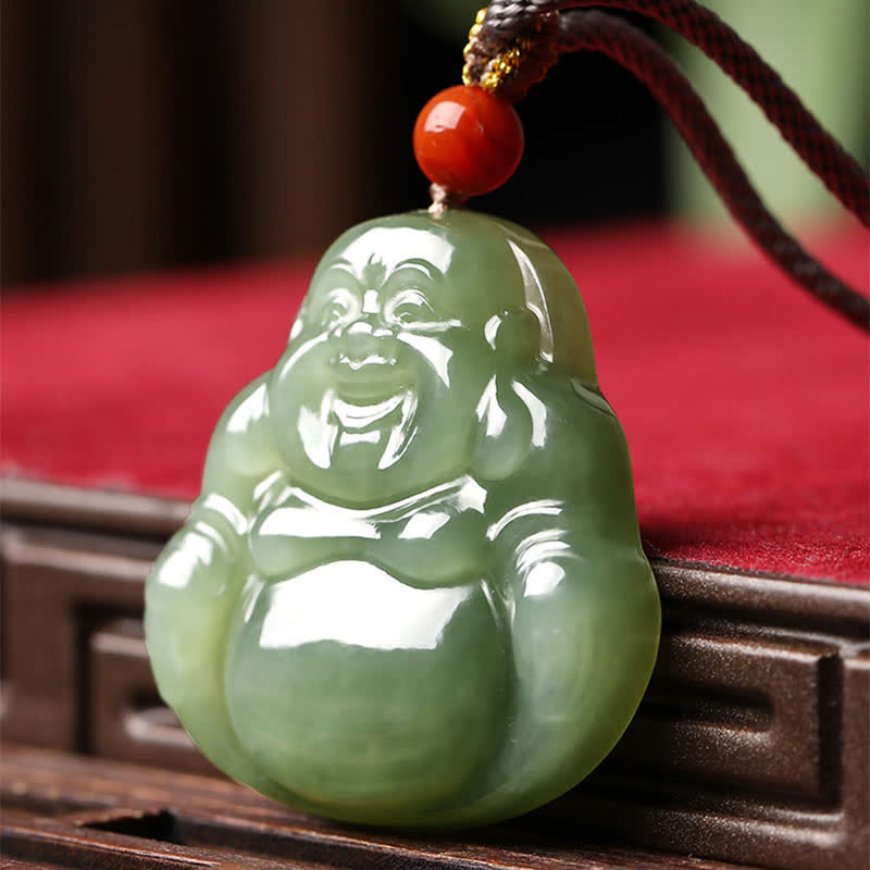 Hetian Jade Laughing Buddha Abundance String Necklace Pendant – hand-knotted red cord jade beads, artisan string necklace