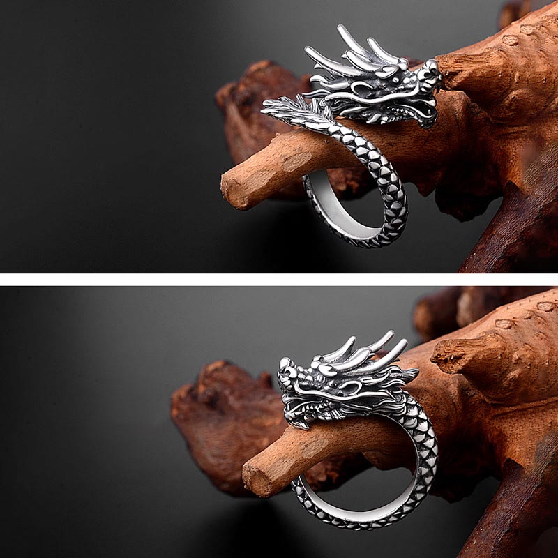 Sterling Silver Dragon Ring - dual-angle composite on driftwood, full dragon profile, fierce