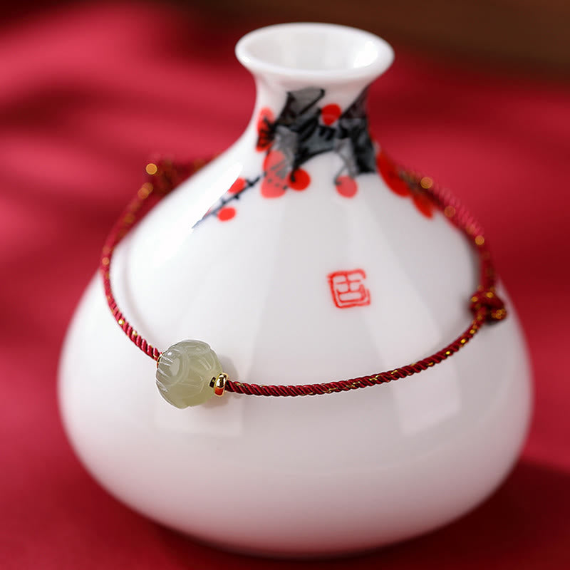 Hetian Jade Lotus Red String Bracelet - Lotus-carved jade on vase with ink-wash blossoms, red fabric, cultural gift