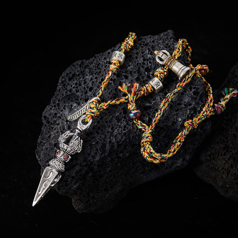 Dorje Vajra Pendant – Full necklace on black volcanic rock with braided cord, Tibetan spiritual jewelry Imagen principal del producto